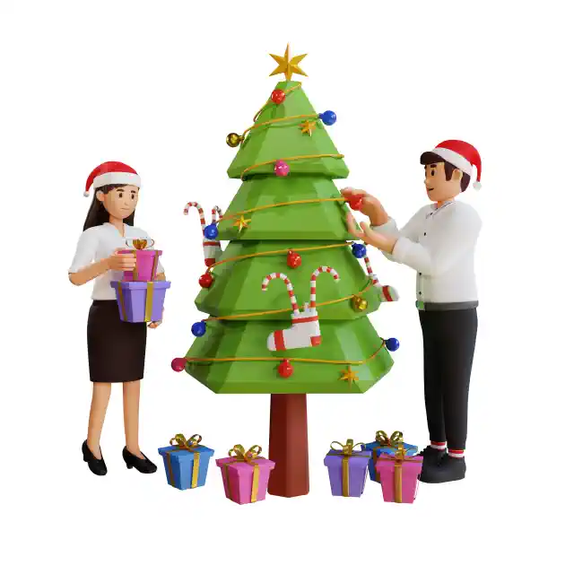 3D Ziemassvētku uzlīme - pāris pie eglītes ar rotājumiem un dāvanām